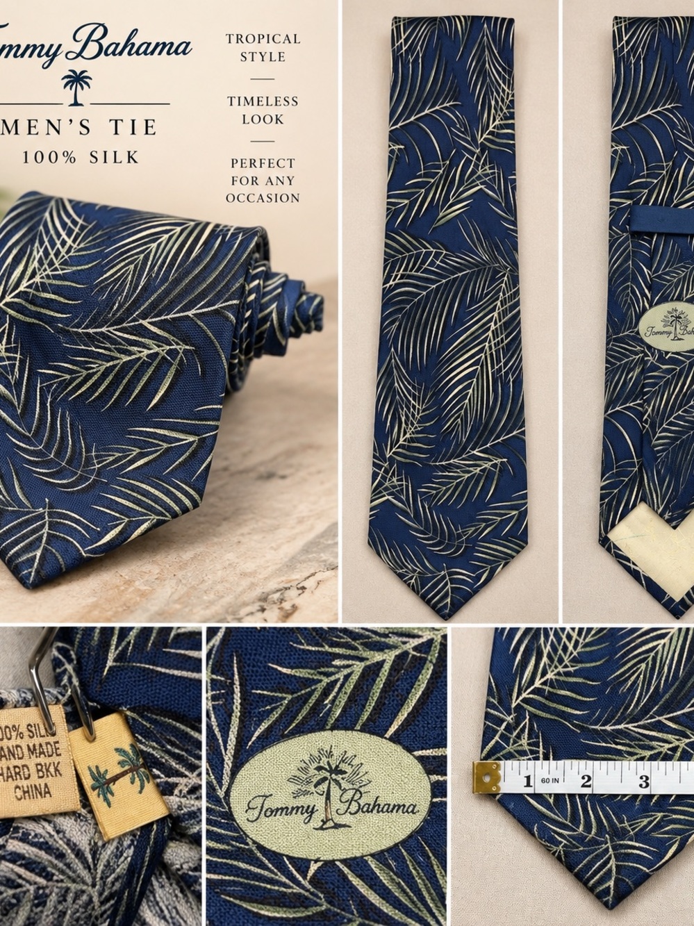 Tommy Bahama Navy and Cream Palm Leaf Silk Tie